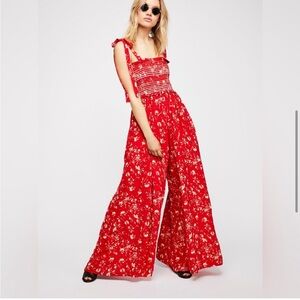 Free People Color My World Red Floral Jumpsuit